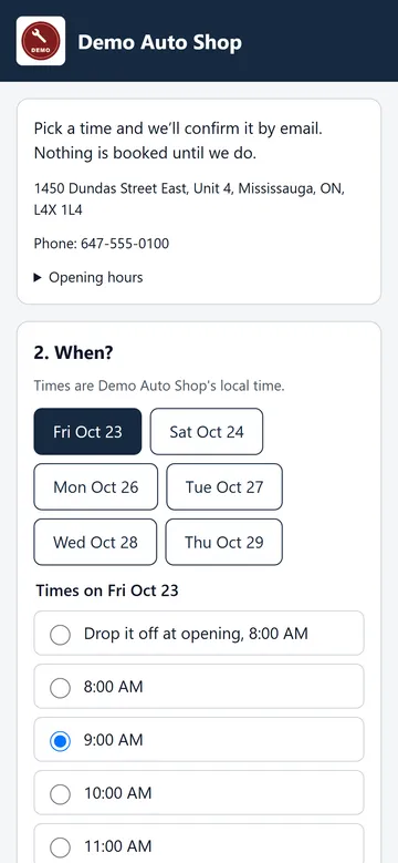 A shop’s public booking page on a phone