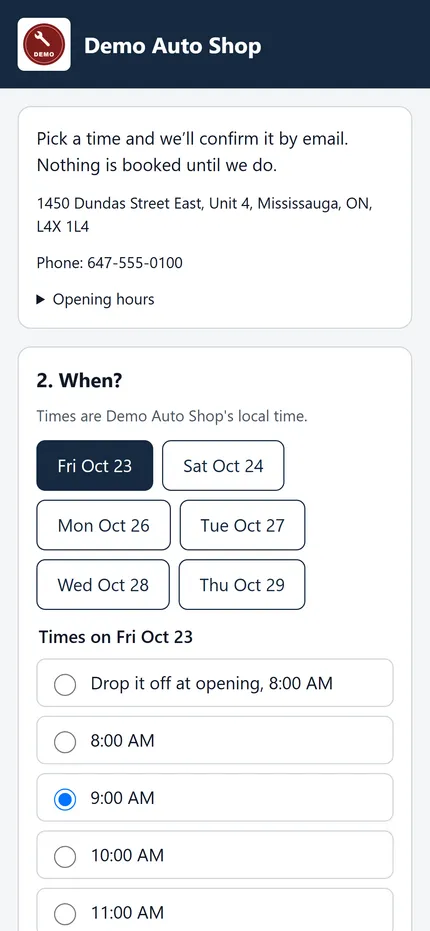 A booking page of your own — a real screen from AutoSyncHQ
