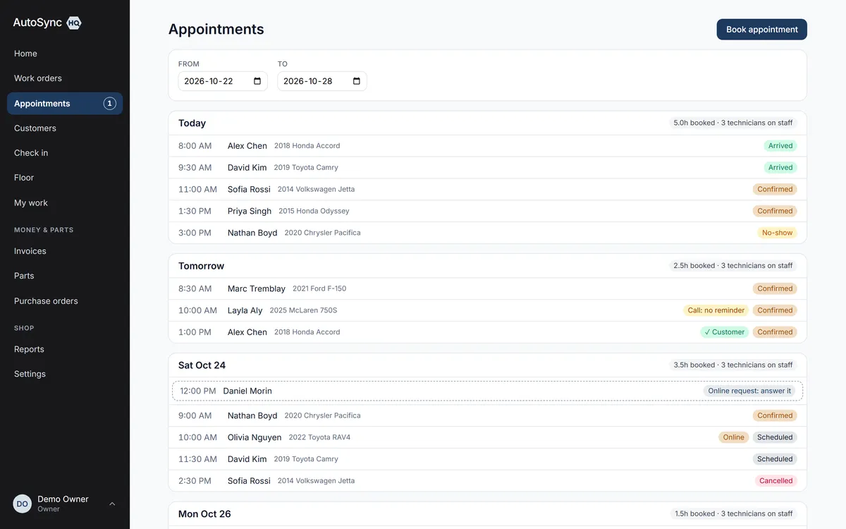 The AutoSyncHQ calendar, with online requests and customer confirmations marked