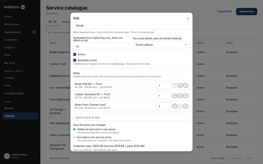 Services that bring their parts — a real screen from AutoSyncHQ