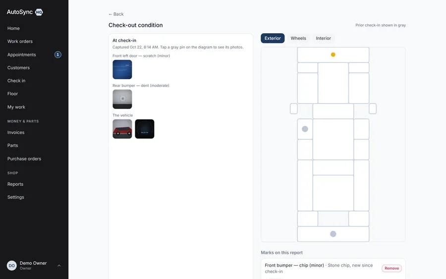 Condition, mapped and photographed at the door — a real screen from AutoSyncHQ