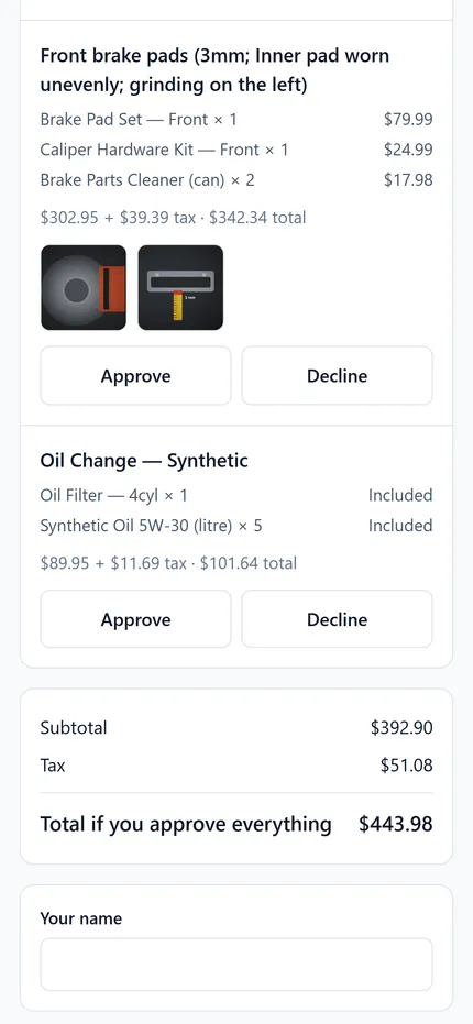 The estimate goes to their phone — a real screen from AutoSyncHQ