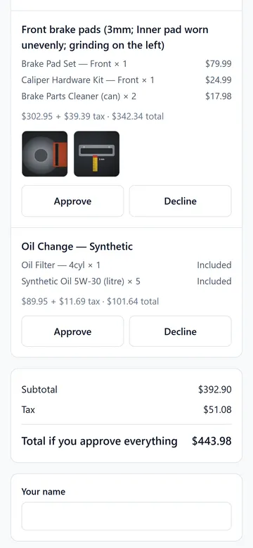 The customer’s approval page on a phone