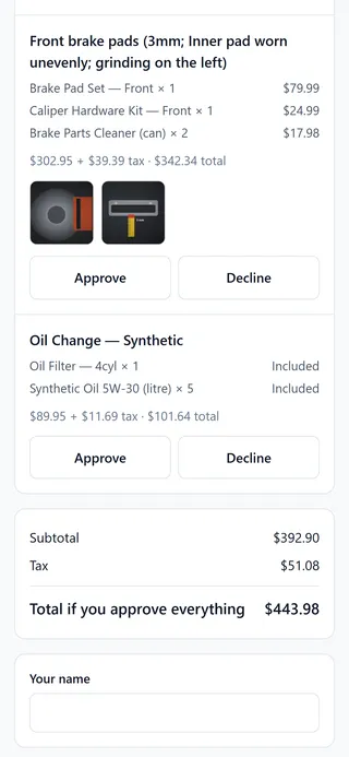 The customer's approval page on their phone