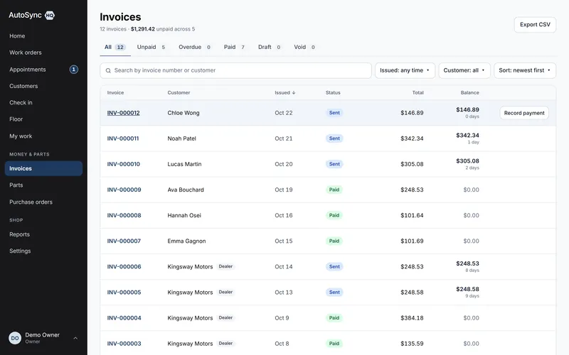 The invoices list: tabs with counts, unpaid totals and a Record payment action per row