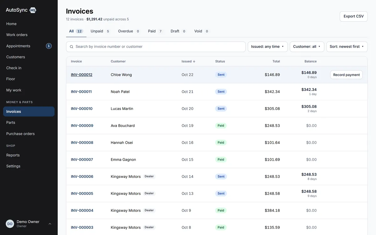 The invoices list: tabs with counts, unpaid totals and a Record payment action per row