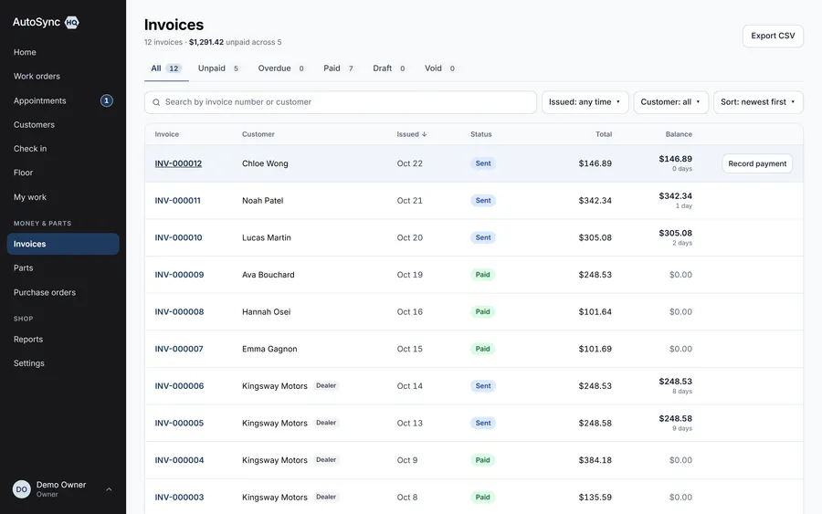 Every invoice, what it’s owed, one tap to record a payment — a real screen from AutoSyncHQ