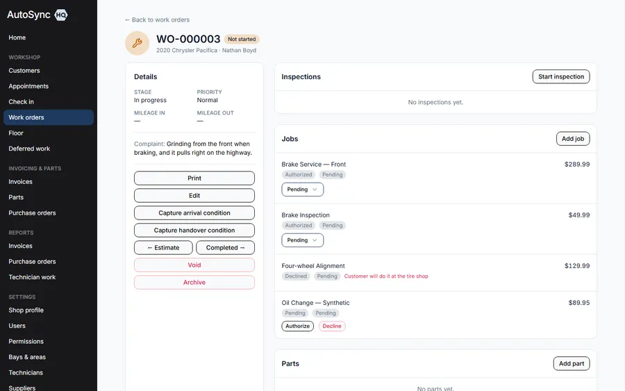Approve and decline, job by job — a real screen from AutoSyncHQ