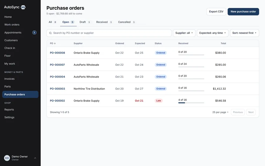 Purchase orders end to end — a real screen from AutoSyncHQ