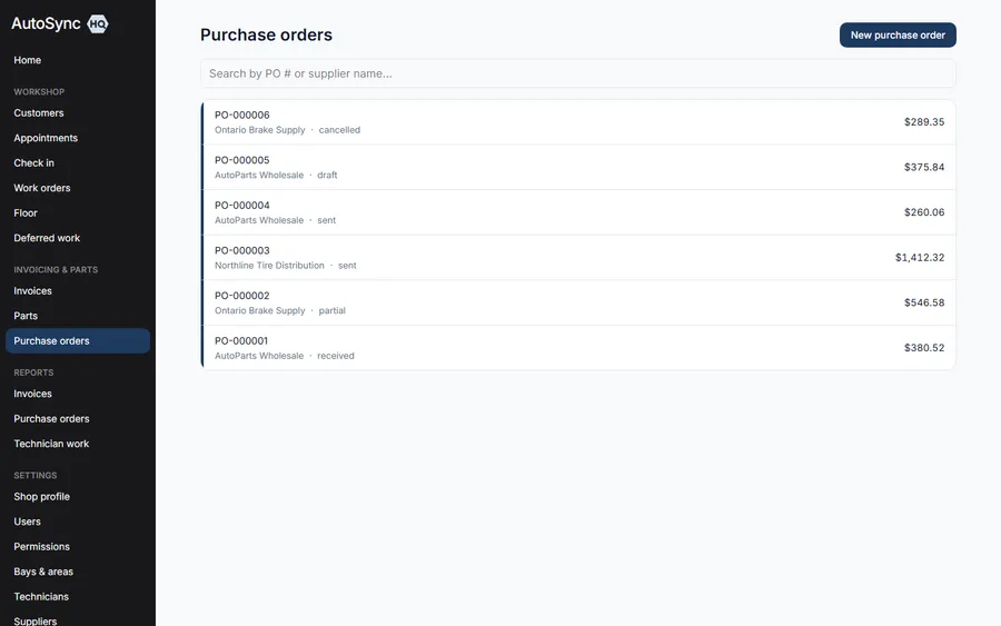 Purchase orders end to end — a real screen from AutoSyncHQ
