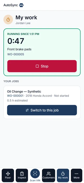 A technician’s running timer on a phone