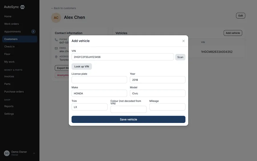 Scan the VIN, skip the typing — a real screen from AutoSyncHQ
