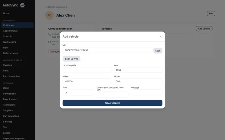 Scan the VIN, skip the typing — a real screen from AutoSyncHQ