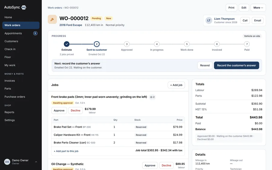A work order that knows its next step — a real screen from AutoSyncHQ