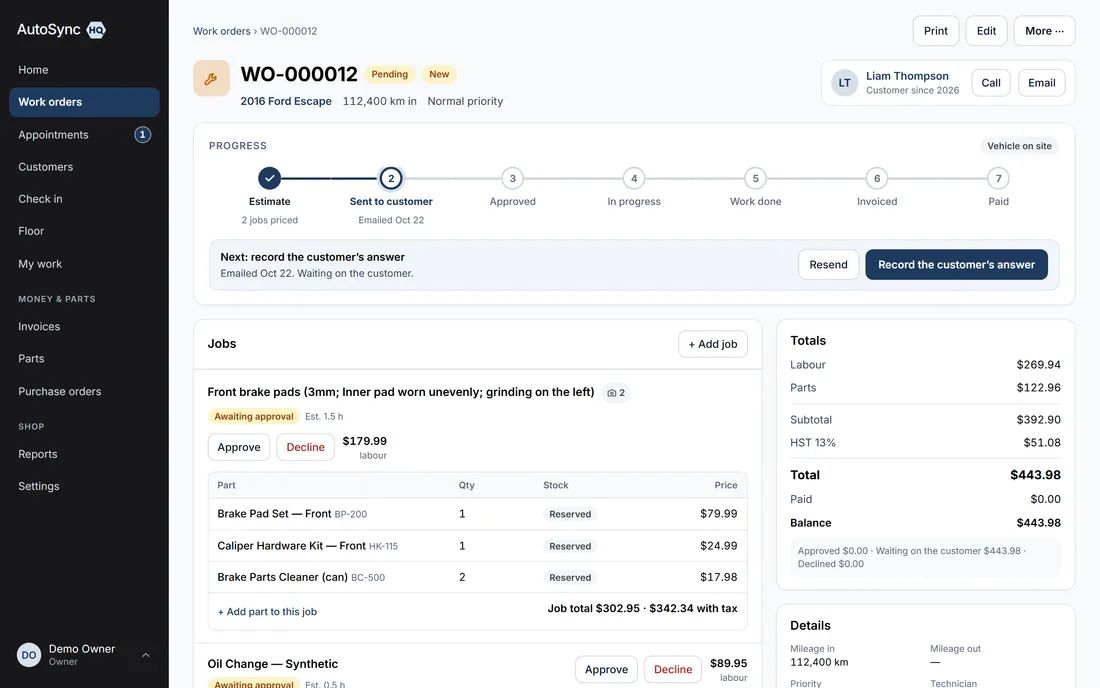 An AutoSyncHQ work order: the seven-step progress bar from estimate to paid, with the next step shown